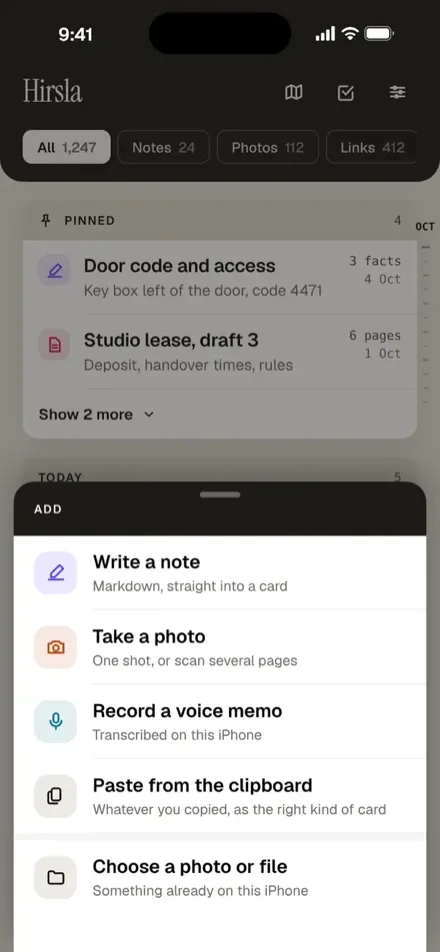 The Add sheet: write a note, take a photo, record a voice memo, paste from the clipboard, or choose a file.