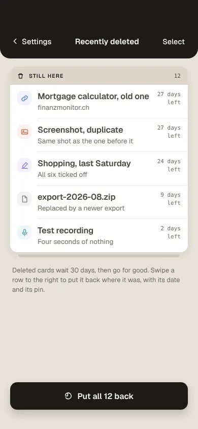 Recently deleted: cards wait 30 days before they go for good, with a button to put them all back.