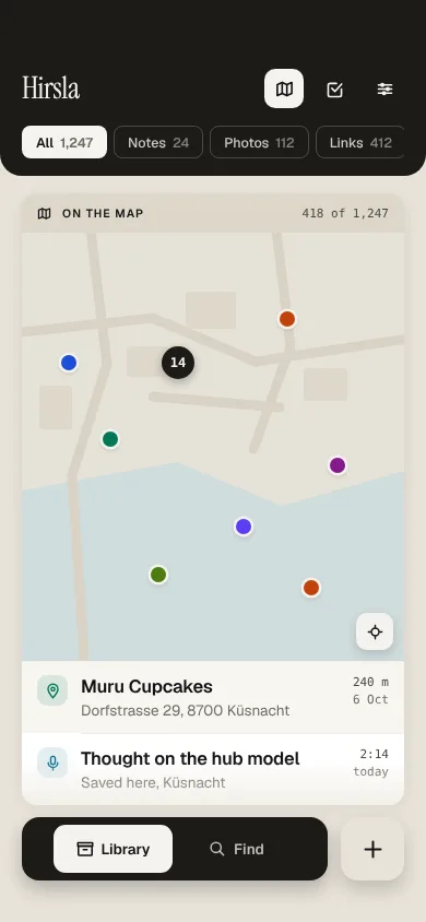 The map view, with saved cards pinned where they were saved.