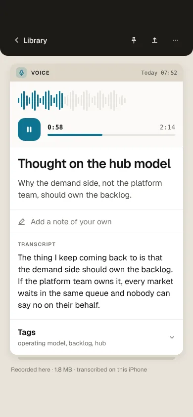 A voice card with its transcript, title and summary.