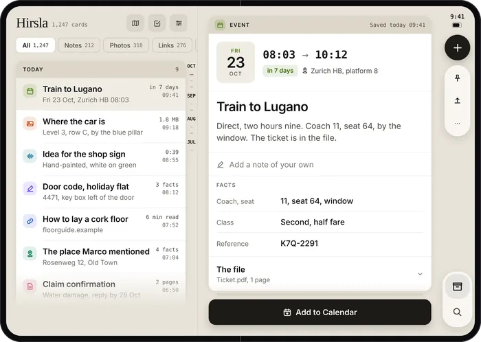 Hirsla on iPhone Duo, open: the Library on the left page, a train booking on the right.