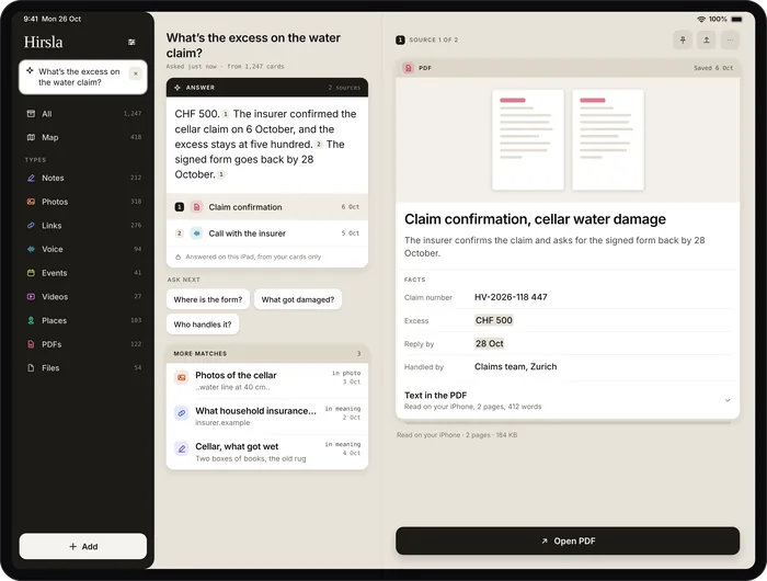 On iPad the answer sits beside its source: the excess, CHF 500, marked in the insurer’s letter.
