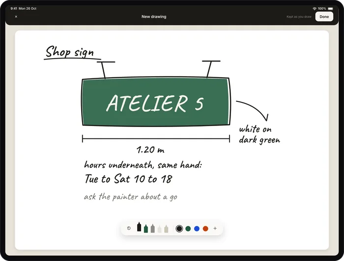 Drawing a card on iPad: a shop sign sketched by hand, with Apple’s drawing tools.