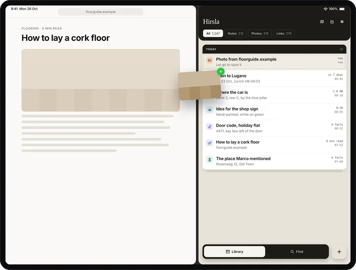 Dragging a photo from a web page into Hirsla on iPad: the Library opens a slot for it.
