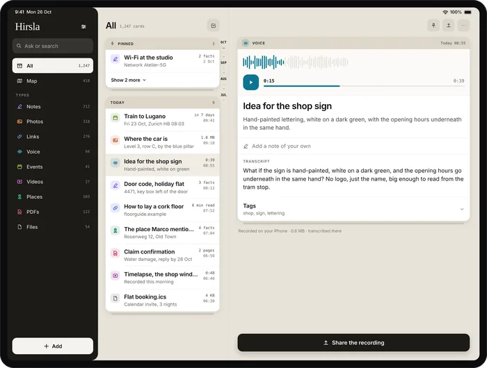 Hirsla on iPad: the shelf of card types, the list of today’s cards, and an open voice memo side by side.