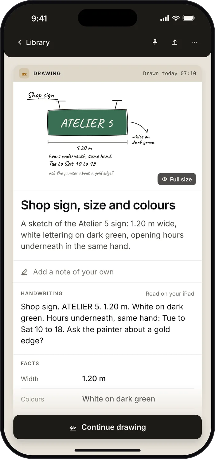 A drawing card on iPhone: a sketch of a shop sign, with the handwriting read as text and its facts below.