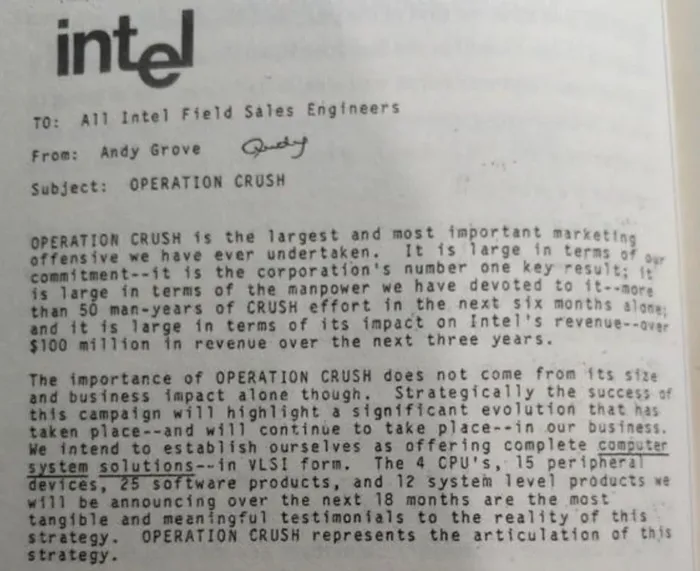 Andy Grove’s typed memo to Intel field sales engineers announcing Operation Crush.